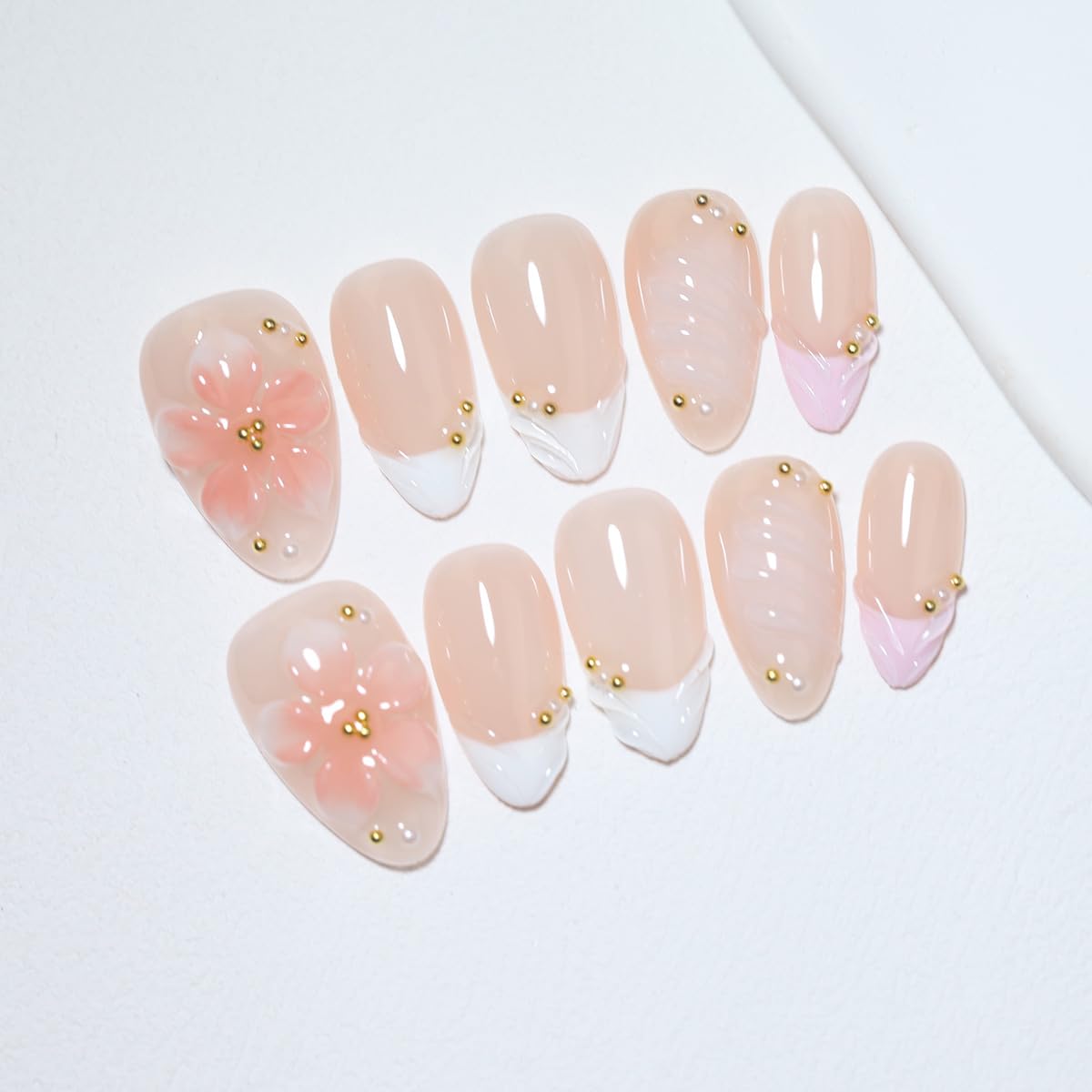 10 Pcs Short Almond Handmade Press On Nails | 3D Pink Floral & French Tip, Pink Swirl & Gold Dot Accents| Skip Salon Trips, Easy to Apply & Remove, Reusable (RR09, S)
