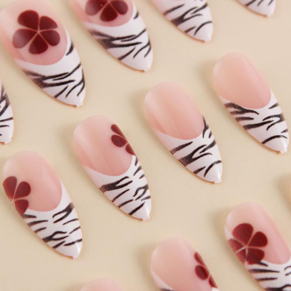 MINGCHUN Press on Nails Medium Almond French Tip Fake Nails Press ons Acrylic Nail Art Kit Full Cover False Nails Glue on Nails with Zebra Stripes Flower Glossy Design for Women Nail Supplies 24Pcs