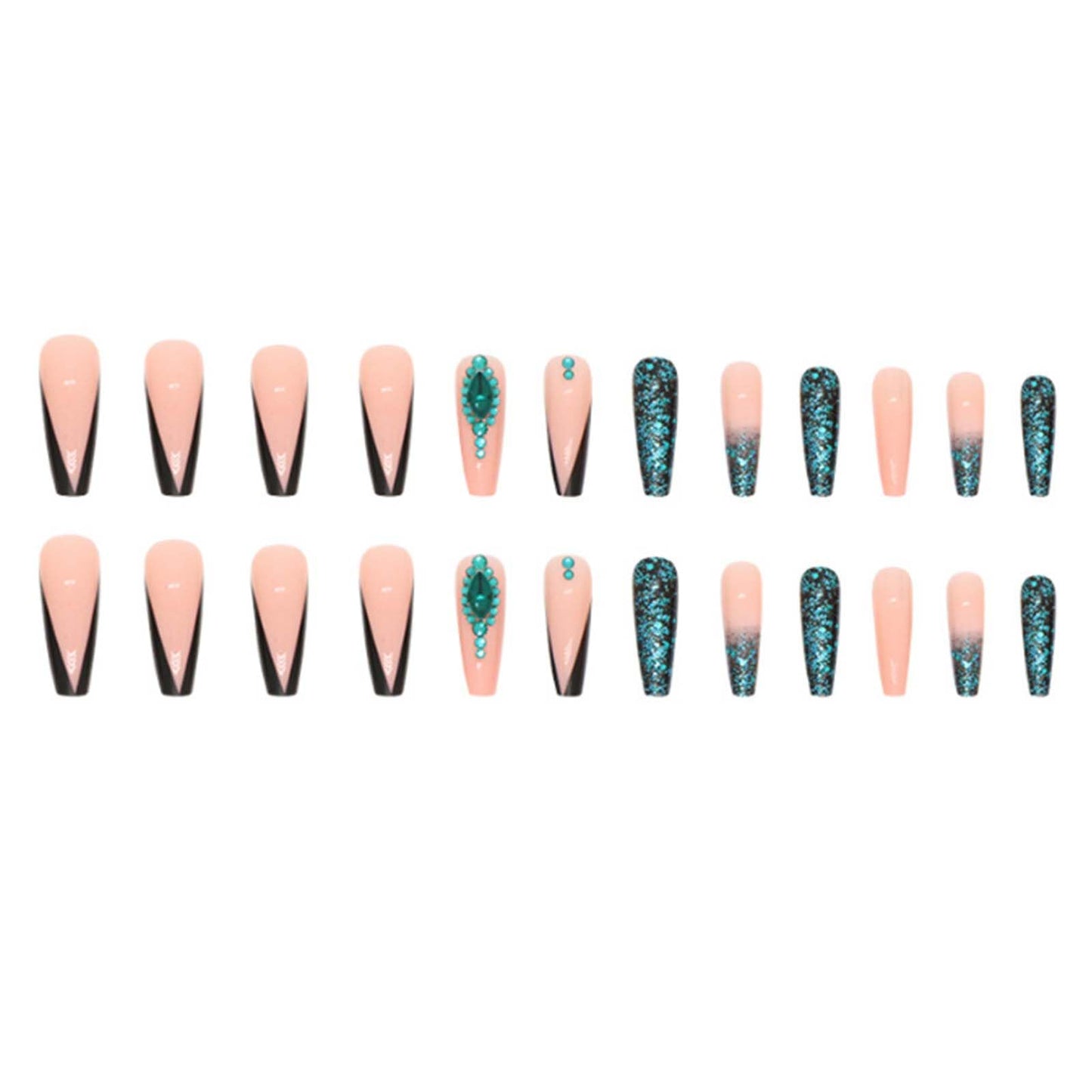Gifiky Gradient Fake Nails Long Coffin Press on Nails French Nails Tips Crystal Gem Design Full Cover False Nails Green for Women and Girls 24Pcs