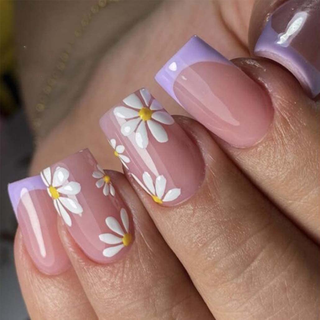 Foccna French Tip Press on Nails Medium, Purple Fake Nails Square Acrylic False Nails Flower Design,Artificial Nails for Women and Girls, 24 pcs