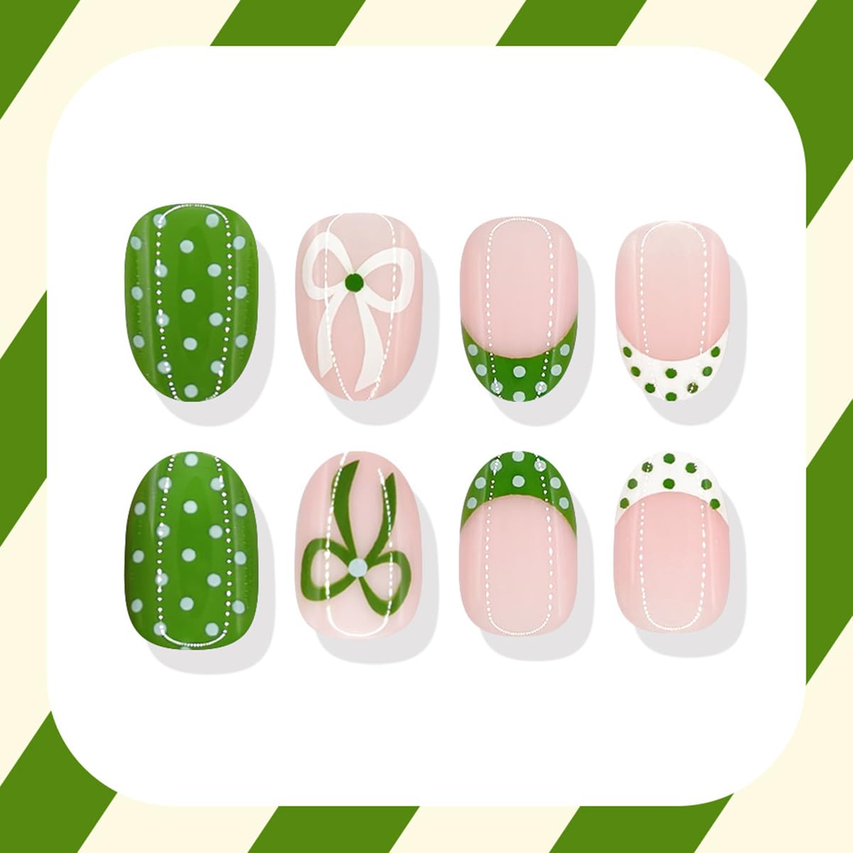 24 Pcs French Tip Press on Nails Short Oval WLGDLH Summer Fake Nails, Green False Nails Press ons Nail Art Tips with Bow Polka Dots Design, Nude Base Glue on Nails for Women Manicure, Glossy Finish