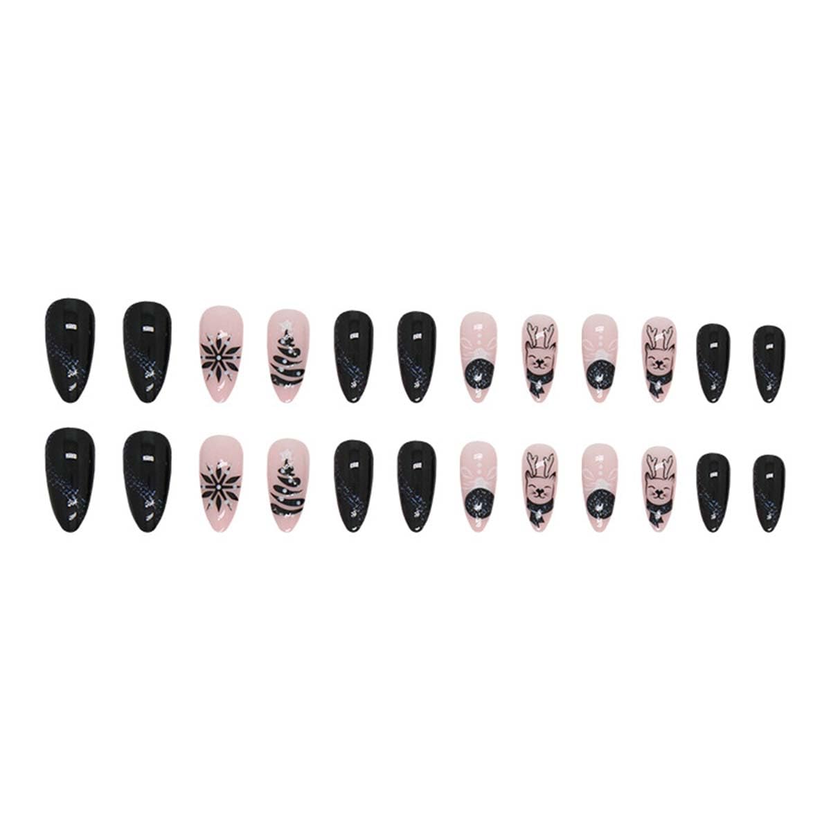 Winter Xmas Press on Nails Medium Almond Fake Nails Black Christmas Nails Press ons with Snowflake,Xmas Tree Design,Reusable Artificial Nail Full Cover Stick on Nails for Women Manicure 24 Pcs