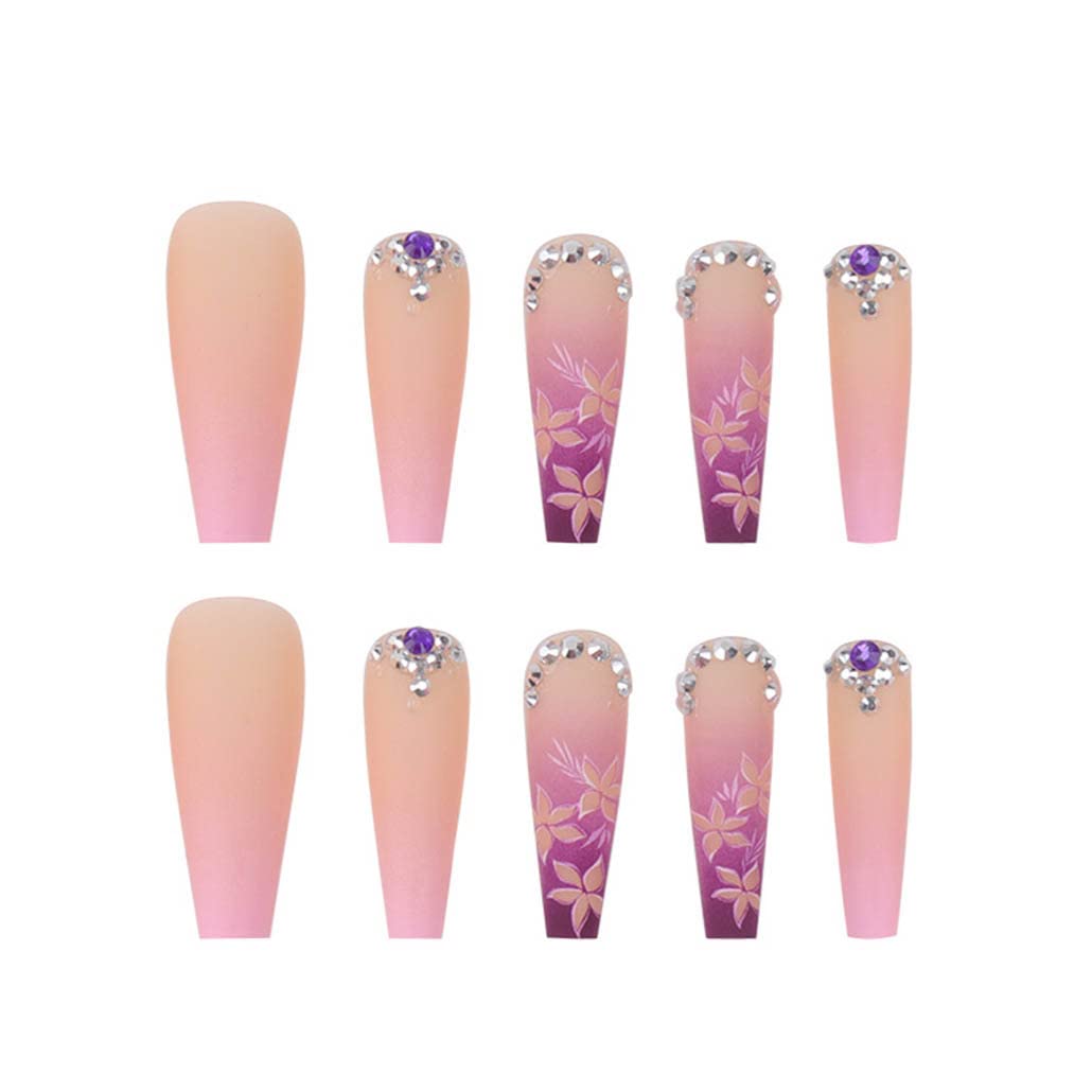 Foccna Artificail Extra Long Press on Nails, Rhinestone Pink Fake Nails with Glitter Acrylic Full Cover Fake Nails with Design Nail Tips for Women&Girls, 24PCS
