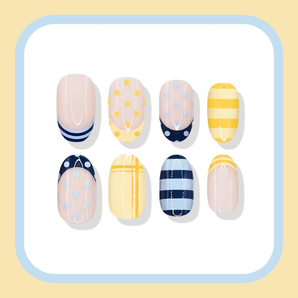 WLGDLH French Tip Press on Nails Short Oval Fake Nails, Blue Yellow False Nails Press ons Nail Art Tips with Polka Dot Stripes Design, Nude Glossy Finish Glue on Nails Stick on Nail for Women 24 Pcs