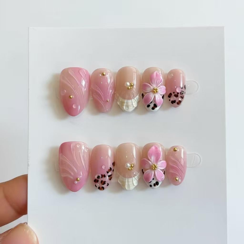 MikaJayboo Handmade Short Press on Nails Almond Shape Pink Gradient Fake Nails with 3D Flower Leopard Print & Gold Foil for Women Glue on Nails for Daily Party Manicure 10Pcs (Size L)