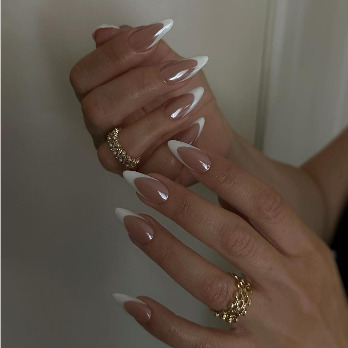 White French Tip Press On Nails Almond - KQueenest Chrome Press On Nails Medium, Fake Nails Press with Natural Brown Base, French Glue on Nails Medium, Glazed Donut Stick On Nails for Women Wedding