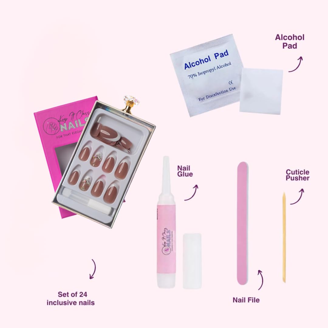 Keep It Classy French Tip Mauve/Silver, Press-On Nails Kit by Monyetta Shaw || Ballerina || Reusable, Vegan, Non-Toxic, Easy Application || One 24 Nail Kit
