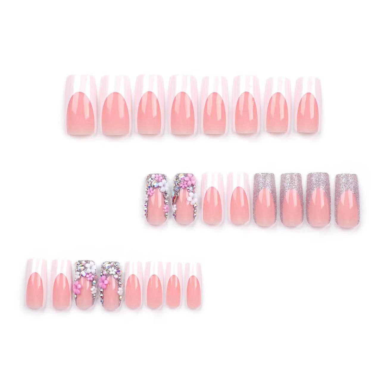 Medium Press on Nails Square - White French Tip Fake Nails with Floral Charms Design - Rhinestone Glitter Full Cover Stick on Nails for Women 24 Pcs