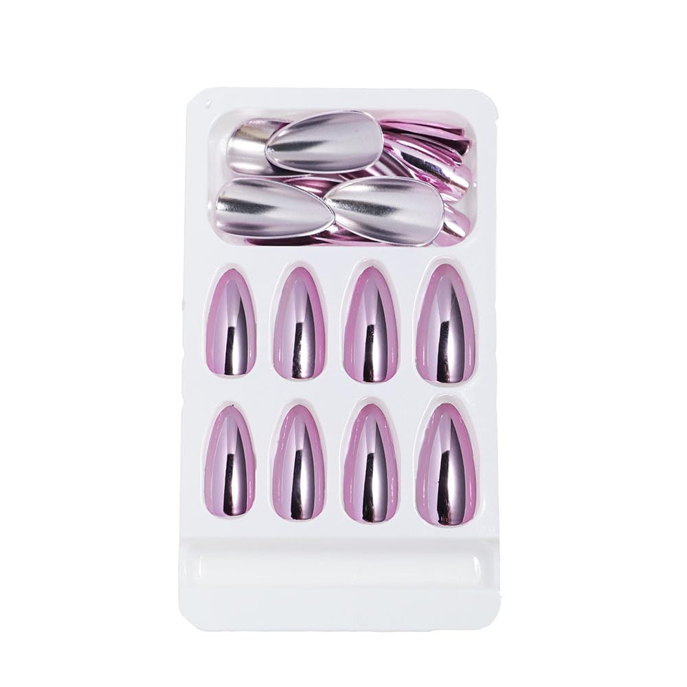 Pale Pink Chrome Press on Nails Medium Almond Fake Nails Rose Pink Electroplating Chrome False Nails Metal Mirror Acrylic Stick on for Women Girls Manicure Decoration 24Pcs