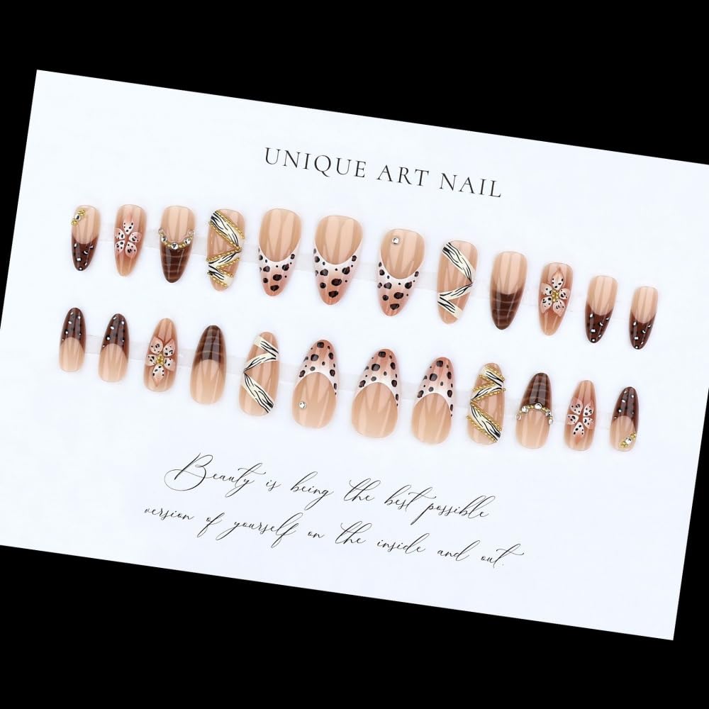 Leopard Prints French Tips Press on Nails Medium Almond Nails Press on with 5D Flower Charm Design Glossy Brown Glue on Nail Rhinestone Lines Fake Nails Fall Winter Nail for Women Manicure 24Pcs