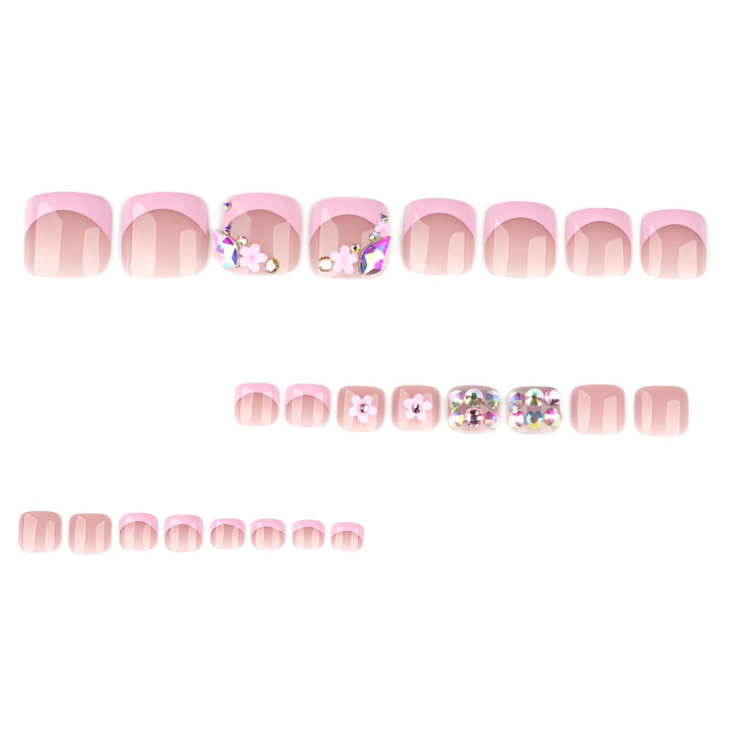 Pink French Tip Press on Toenails Short Square Fake Toe Nails Flower Toenail Press ons Rhinestones Glue on Toe Nails Glossy False Toenails Pink Stick on Toenail for Women Decorations 24Pcs