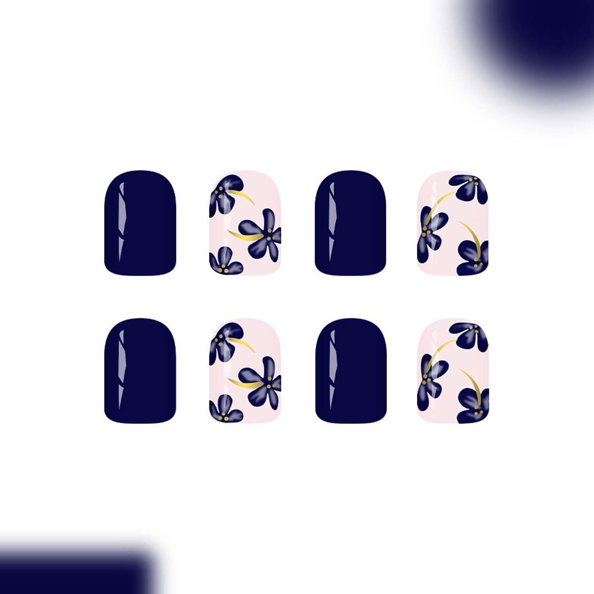 LINMEIZAI Navy Blue Press on Nails Short Square Fake Nails Cute Blue Flower Design False Nails Glossy Acrylic Press ons Artificial Glue on Nail Full Cover Floral Stick on Nails for Women 24Pcs