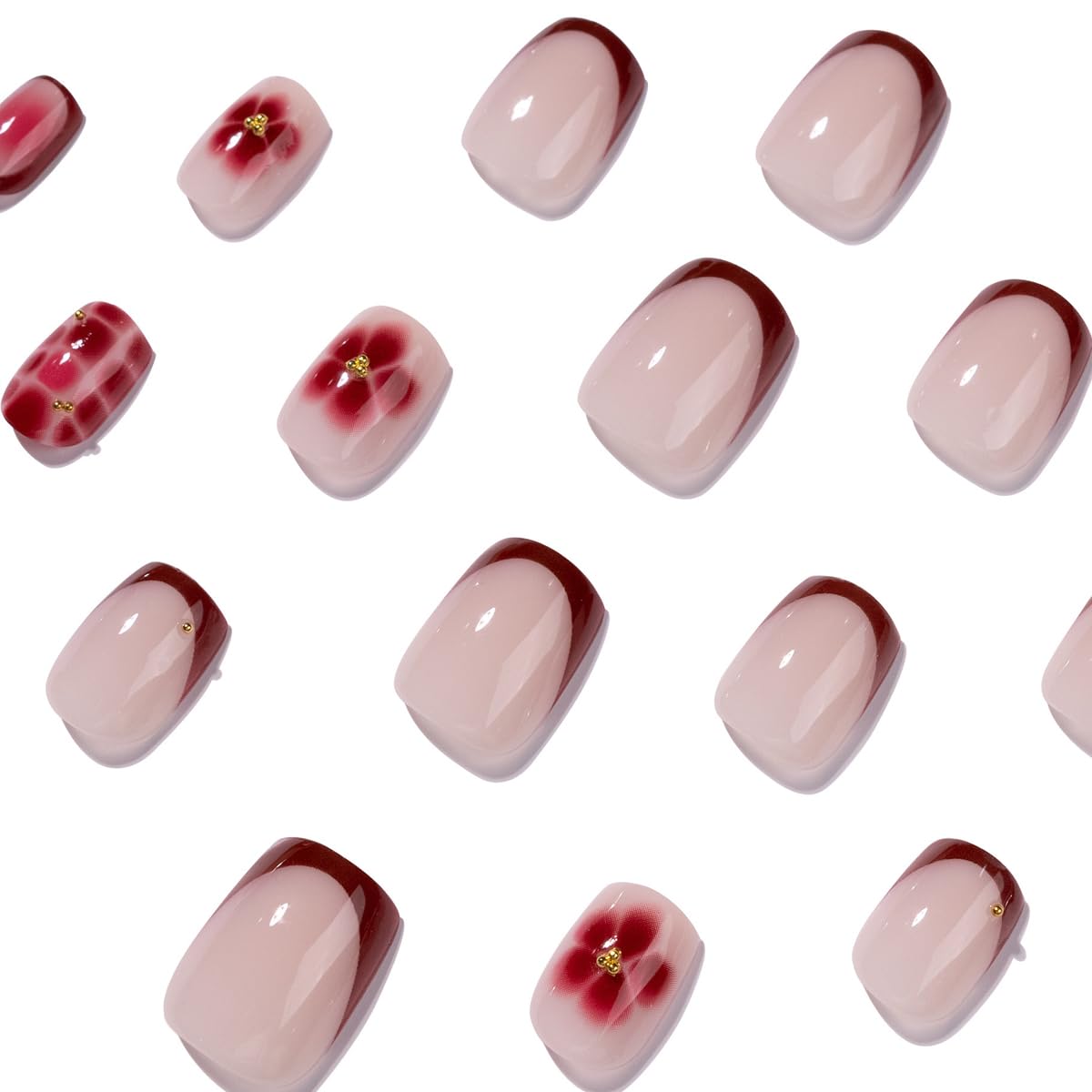 Red Press on Nails French Tip Glue on Nail Medium Square Fake Nails with Gold Beads Design Nude Nails Press ons Full Cover Stick on Nail for Women Manicure 24Pcs