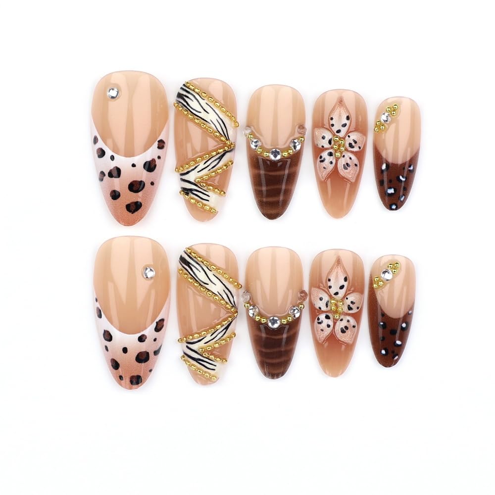 Leopard Prints French Tips Press on Nails Medium Almond Nails Press on with 5D Flower Charm Design Glossy Brown Glue on Nail Rhinestone Lines Fake Nails Fall Winter Nail for Women Manicure 24Pcs