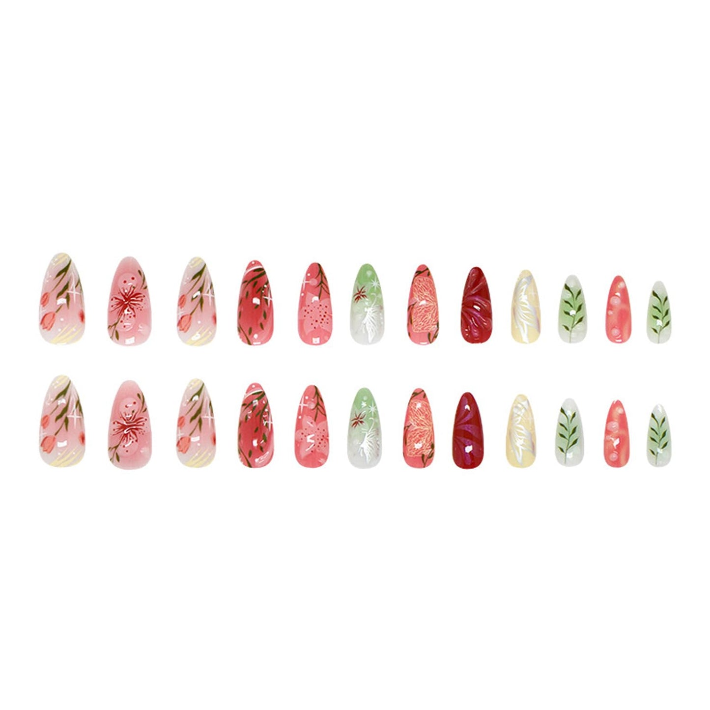 24Pcs Spring Colorful Flower Press on Nails Medium Almond Fake Nails Floral Butterfly Glossy Design Pink Full Cover Stick on Nails Flowers Nail Art Acrylic False Nails Set for Women DIY Manicure