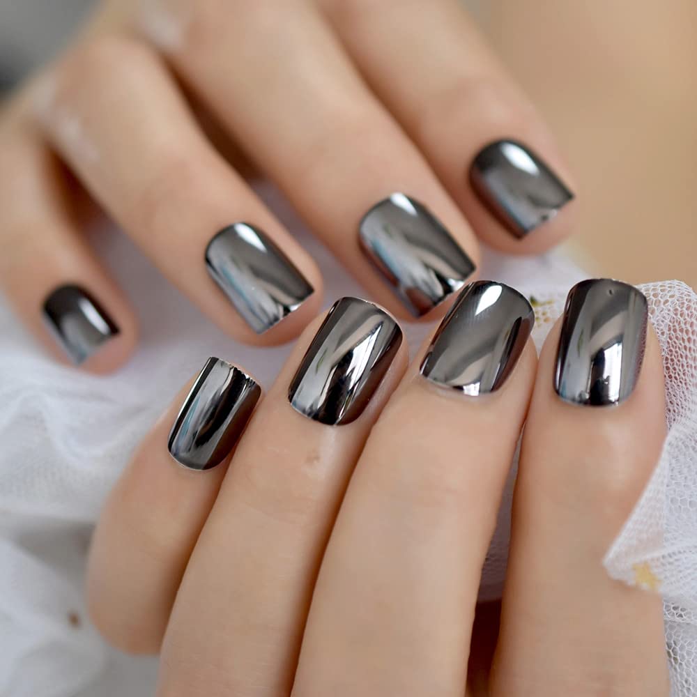 iBeautying Press on Nails - Metallic Mirror Gray Black False Nails | Punk Metal Finish Short Reusable Fake Nails in 10 Sizes - 24 Nail Kit with Jelly Glue Pad