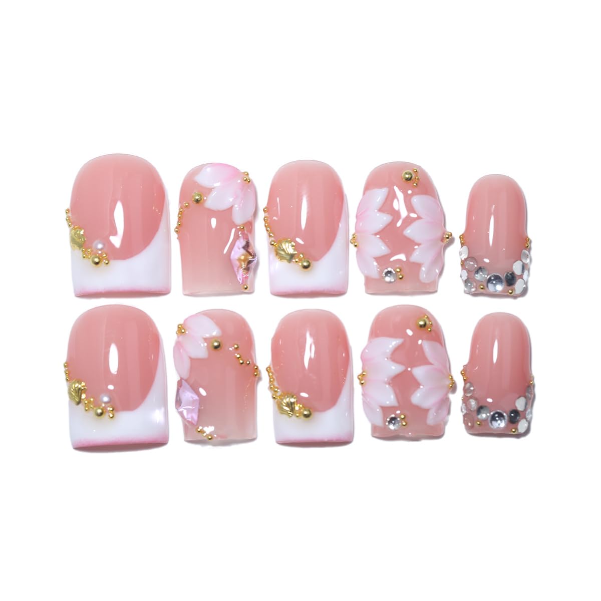 10Pcs Short Square Handmade Press On Nails | Easy Apply & Remove, Reusable Salon Quality Nails | Elegant Blush Pink Fake Nails with 3D Sakura Flower, Gold Seashell & Rhinestone Accents (O912, M)