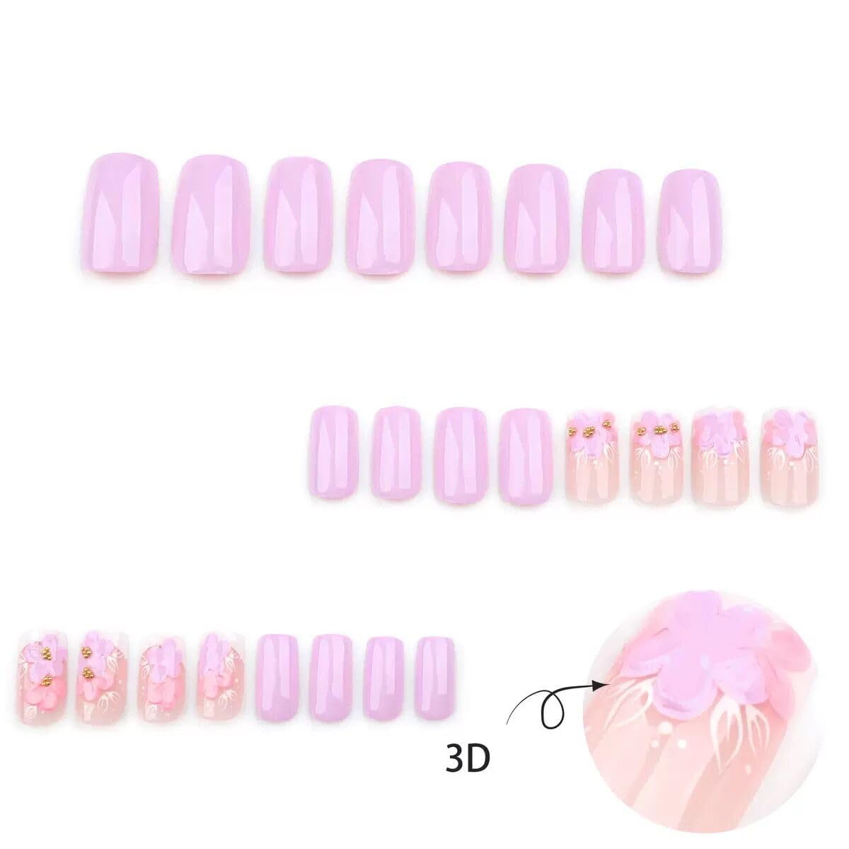 CTTHNBD Press on Nails - Medium Square Fake Nails with Floral Design - Purple Full Cover Stick on False Nails - for Women 24 Pcs
