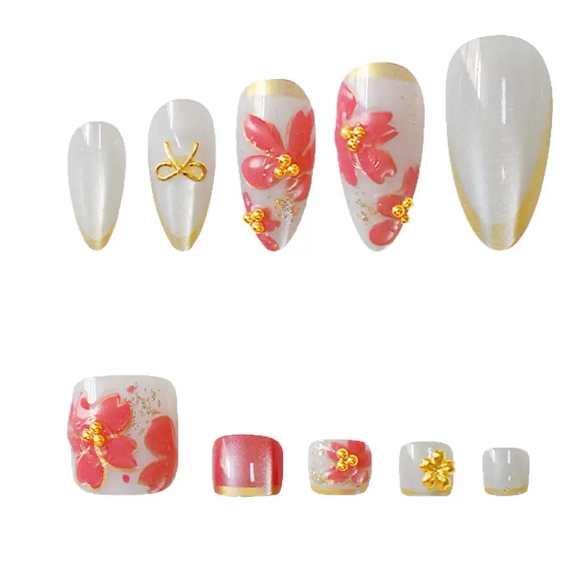 48Pcs Almond Press on Nails & Press on Toenails Set, Medium Press on Nails, Gold French Tip Press on Toenails with Flower Bow Design Fake Nails for Women Manicure Kit