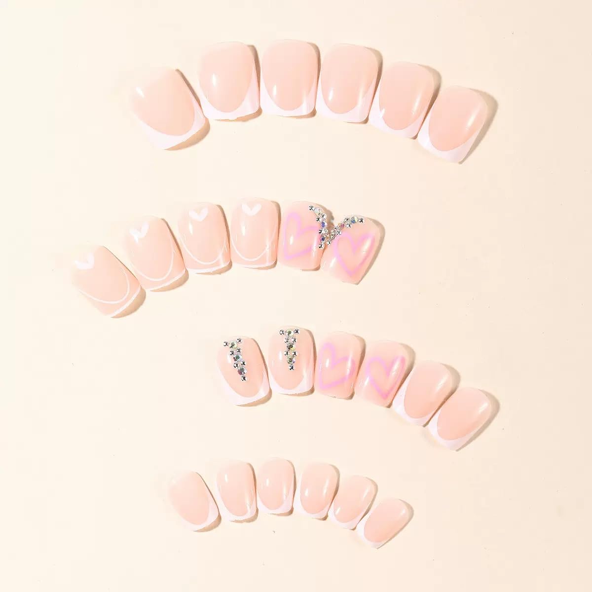 Short Press on Nails Square - White French Tip Fake Nails with Heart Design - Rhinestone, Cute Full Cover Stick on False Nails - for Women 24 Pcs