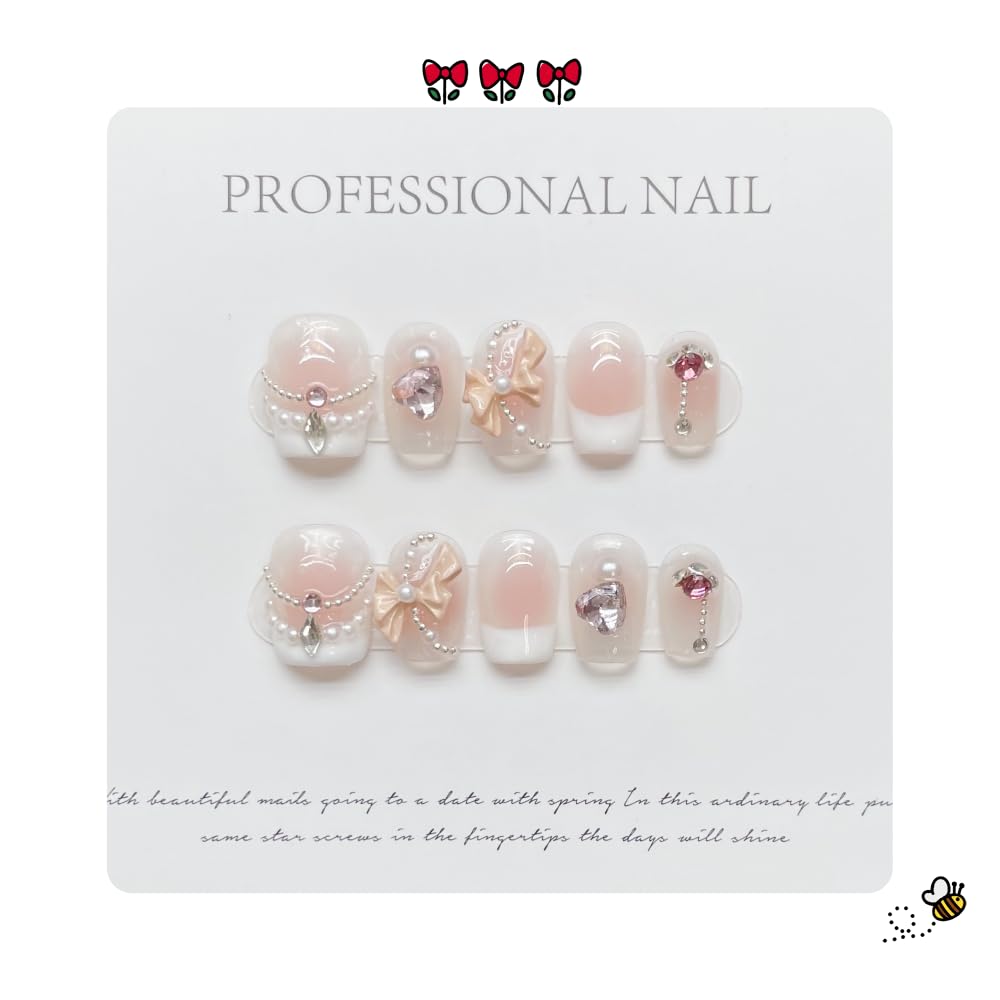 NLSJMP,10Pcs,Size M,French bow, Handmade Short Square Press on Nails French Tip,Ombre Acrylic Fake Nails Kit,Pearl Glitter Design 3D Nail Art Kit,Reusable False nails,Include Toolkit