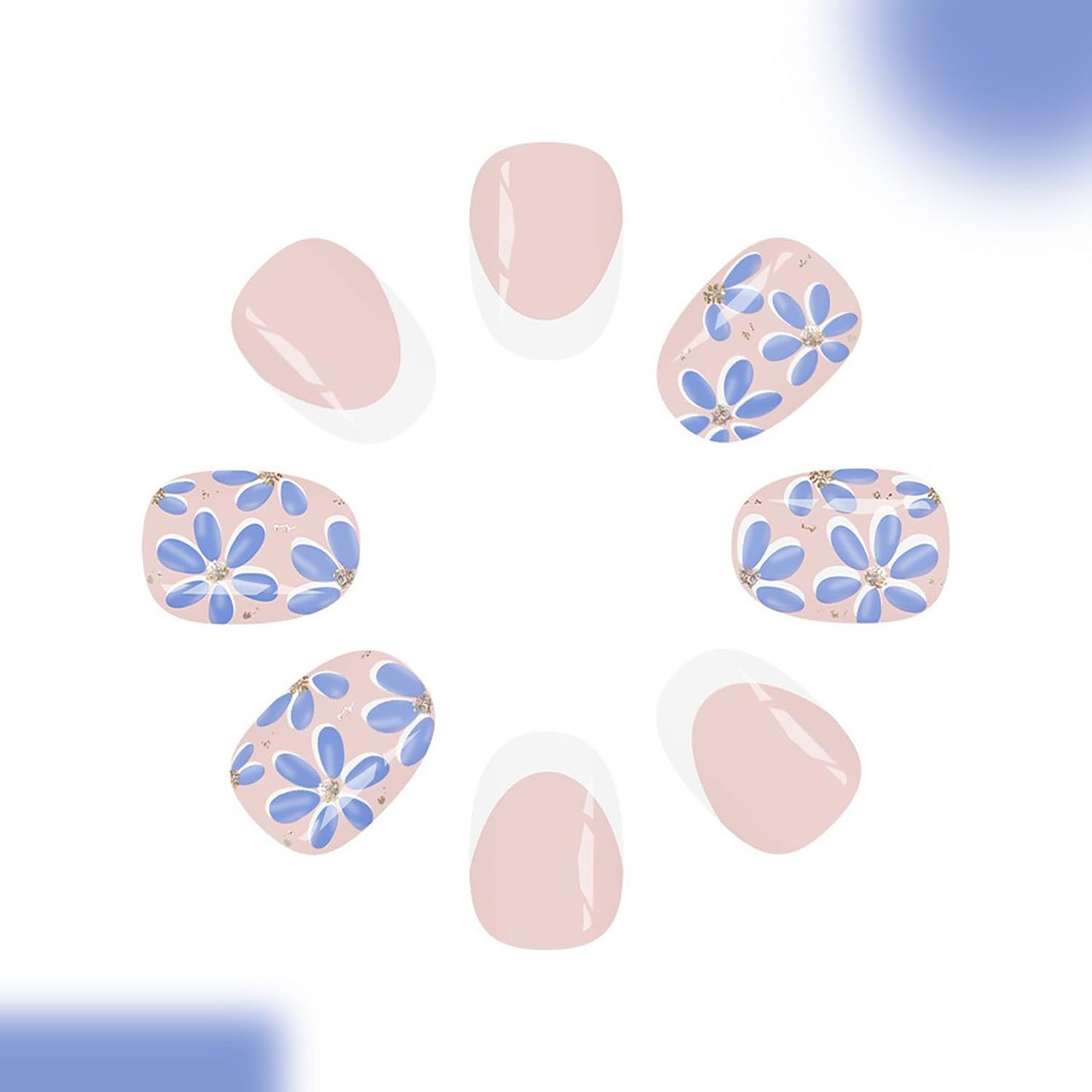 White French Tip Press on Nails Short Almond Fake Nails False Nails with Blue Flower Glitter Designs Glossy Glue on Nail Summer Spring Acrylic Nails for Women Girls 24Pcs
