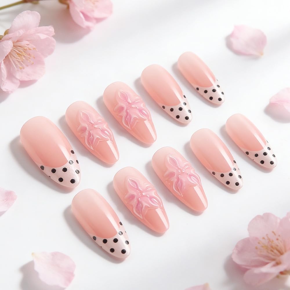 Almond Press on Nails Medium Fake Nails with 5D Flower Charm Design Glossy Polka Dots French Tips Glue on Nails Spring Summer Nail Press ons Reusable Full Cover Pink Nail for Women Manicure 24Pcs