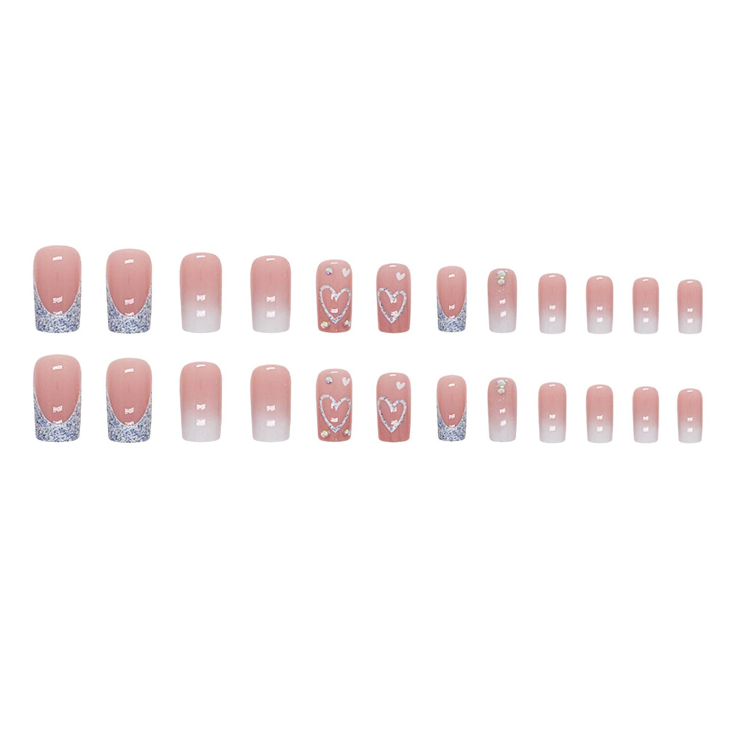 Square Press on Nails Medium Length Fake Nails French Tip Coffin False Glossy Heart Blue Glitter Design Full Cover Glue on Nails Nude Pink with Rhinestones Reusable Stick on Nails for Women 24pcs