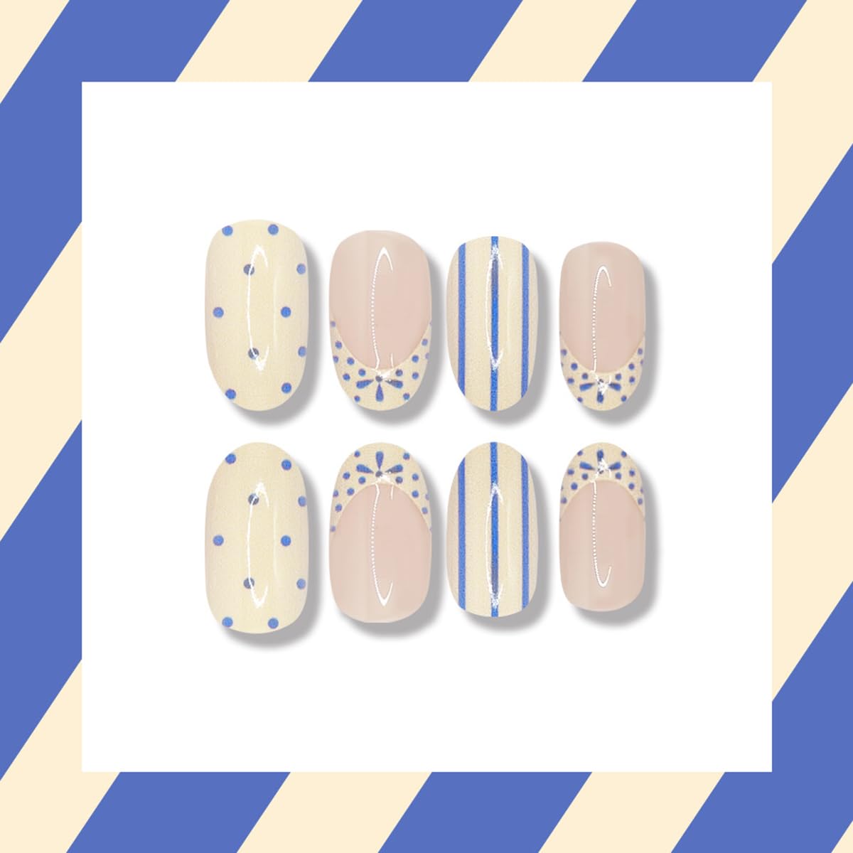 24 Pcs Blue French Tip Press on Nails Short Oval WLGDLH Summer Fake Nails, Creamy White False Nails Press ons with Striped Polka Dots Design, Nude Base Glue on Nails for Women Manicure, Glossy Finish