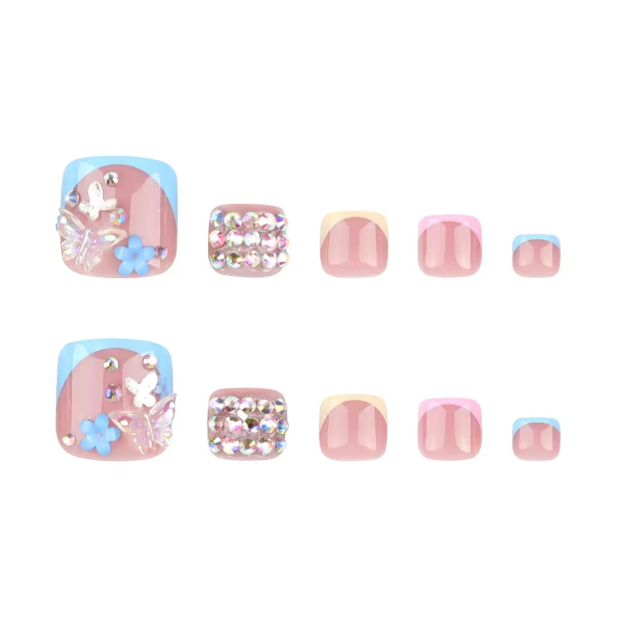 CTTHNBD Press on Toenails Short - Summer Fake Toenails with Butterfly Flower Charms Design - French Tip Press on Toenails for Women 24 Pcs