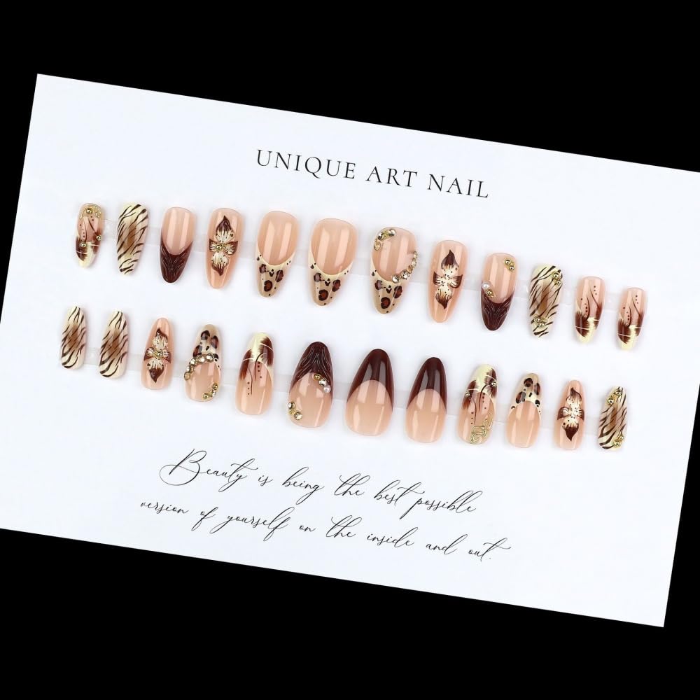 French Tips Press on Nails Medium Almond Nails Press on with 5D Flower Charm Design Glossy Brown Leopard Prints Glue on Nails Pearls Rhinestones Fake Nail Fall Winter Nail for Women Manicure 24Pcs
