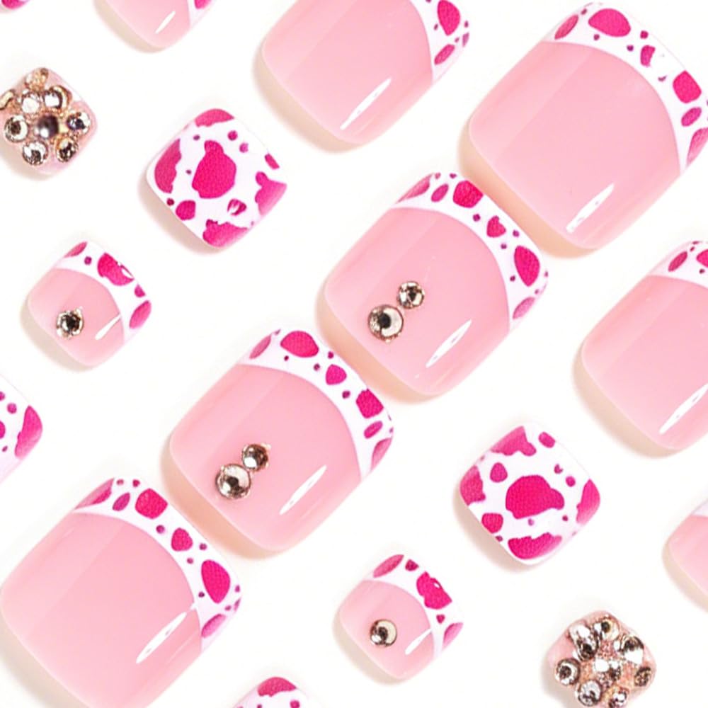 24Pcs Leopard Print French Tip Press on Toenails Short Square Fake Toe Nails Summer Toenail Press ons Full Cover Nude Acrylic False Toenails White French Tips Glue on Toe Nails for Women Manicure Kit