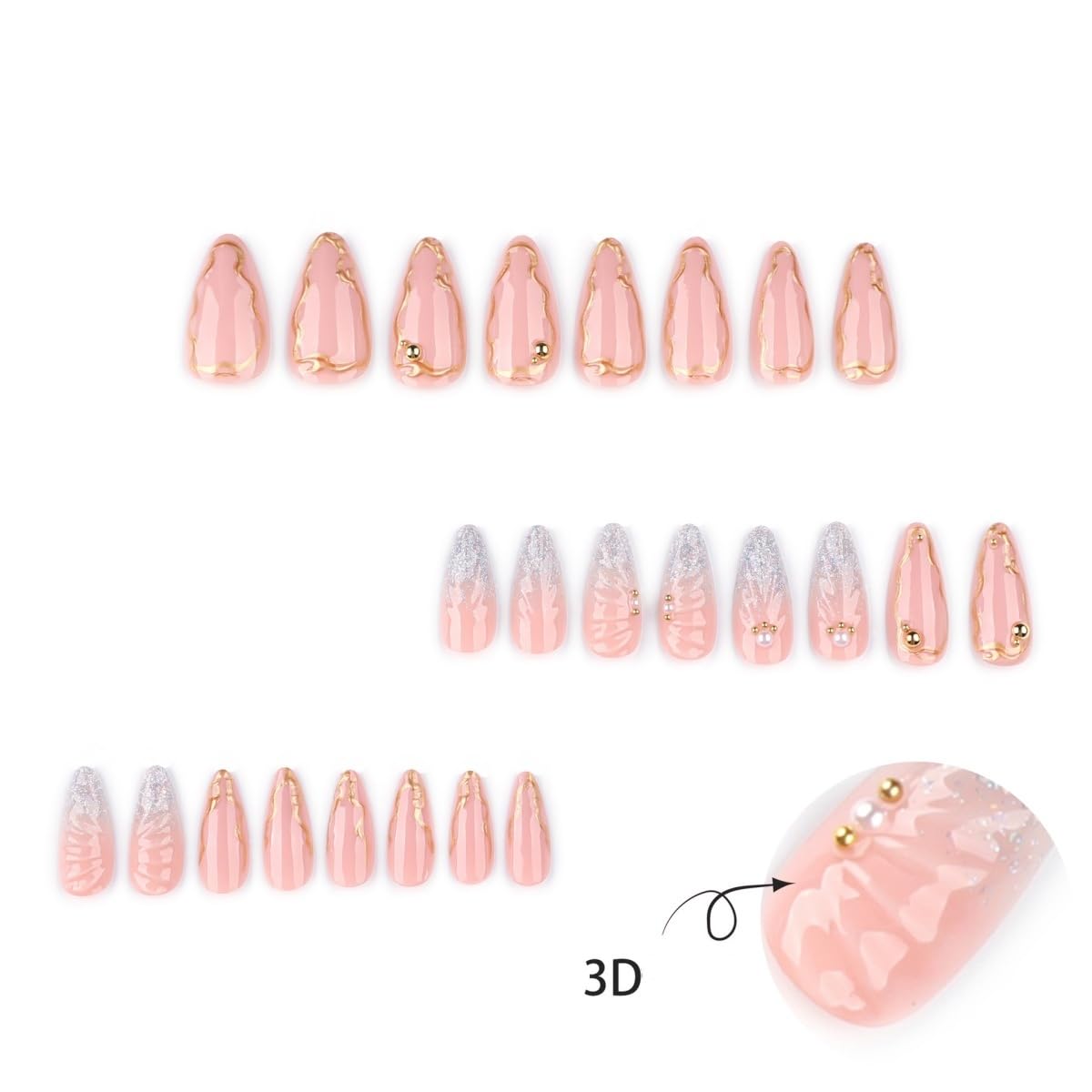Gold Press on Nails Long Stiletto Fake Nails with 3D Seashell Pearl Design Stick on Nails Pink Glitter False Nails Summer Handmade Acrylic Glue on Nail for Women Girl Nail Art Decoration 24Pcs