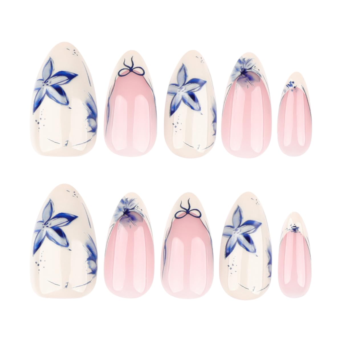 Short Almond Press on Nails - Blue Porcelain Flower & White French Tip with Bow, Full Cover Glossy Fake Nails 24PCS for Women