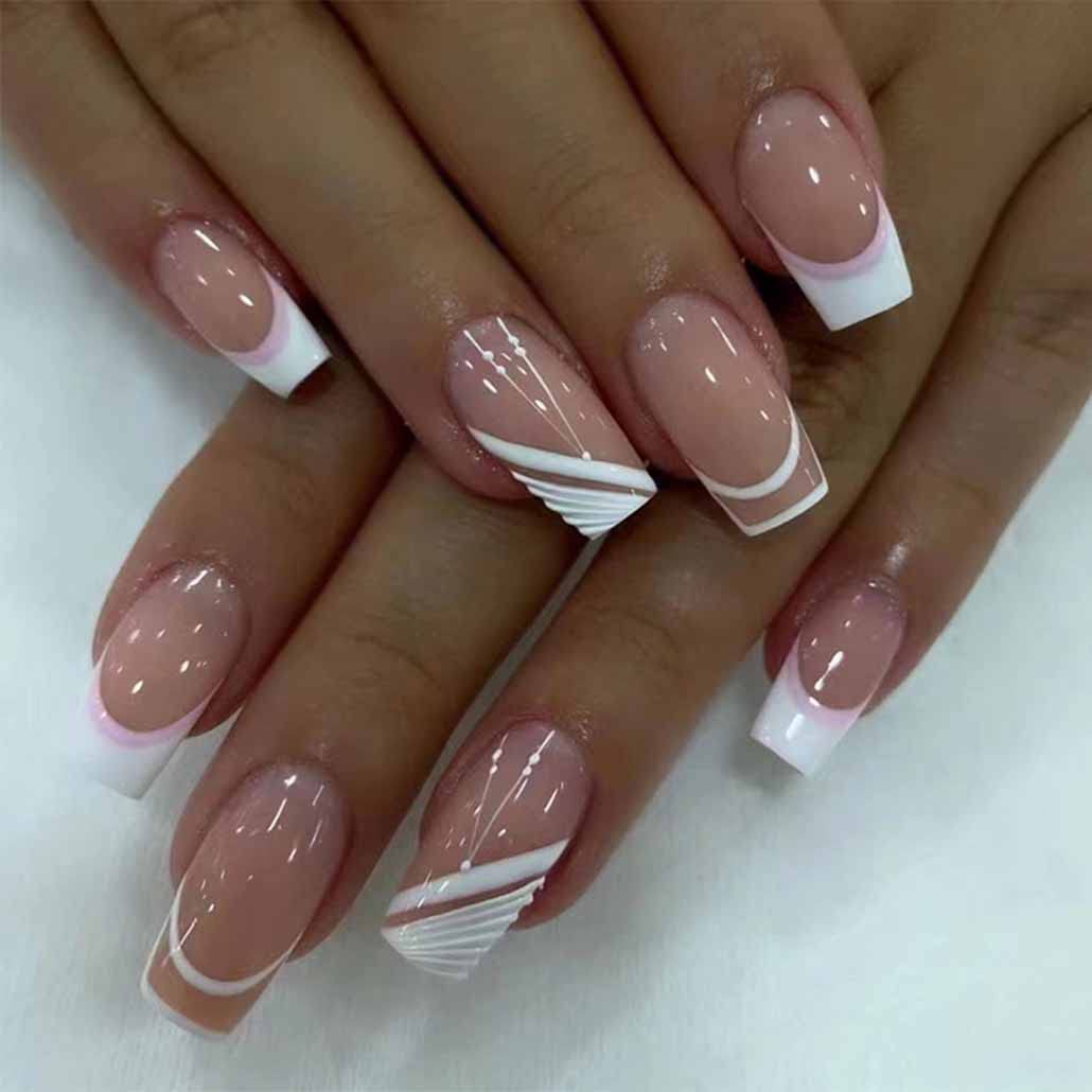 Foccna Pink French Press on Nails Medium, White Fake Nails Square Acrylic False Pink Nails,French Artificial Nails for Women and Girls,24 pcs