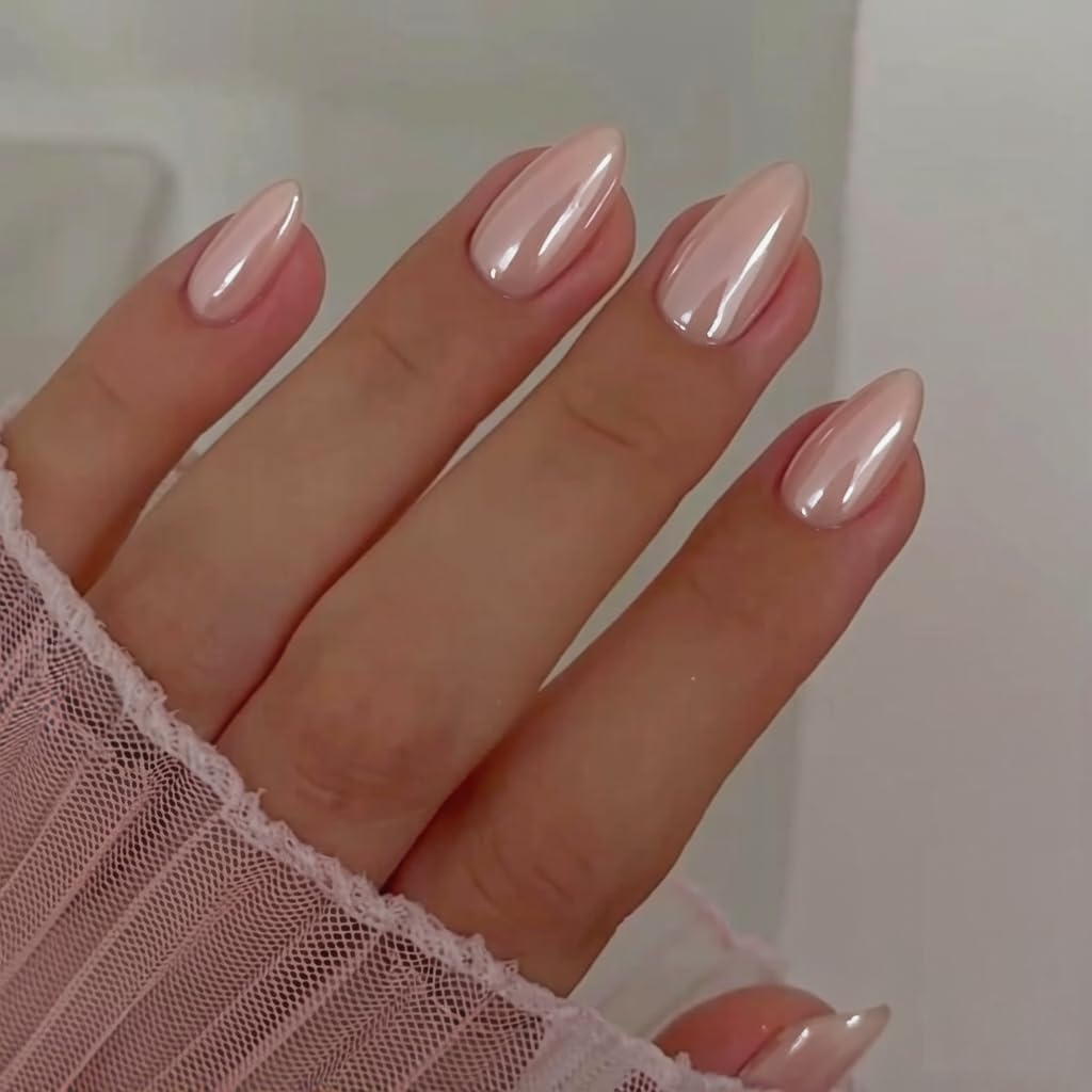 KQueenest Chrome Pink Press on Nails Short Almond, 30 Pcs Glazed Fake Nails Short Stiletto, Shiny Mirror Acrylic Nails Press on with Design, Natural Fit Stick on Nail for Women Daily Wear