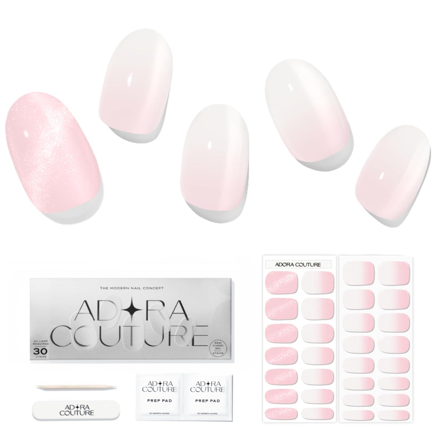 Adora Couture Semi Cured Gel Nail Strips with 30 Pieces - Salon Quality Manicure Kit for Women Easy Application Wraps Includes Prep Pads Nail File Wooden Stick, UV Light Required (Milky Rose)