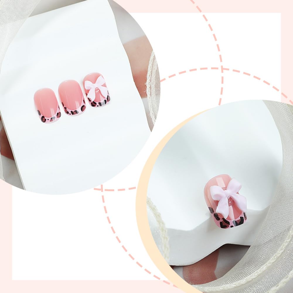 24Pcs Square Press on Nails Short French Tip Fake Nails with Glue Pink Leopard Print Bow False Nails Design Glossy Holiday Cute Acrylic Reusable Stick on Nails for Women Nail Decor
