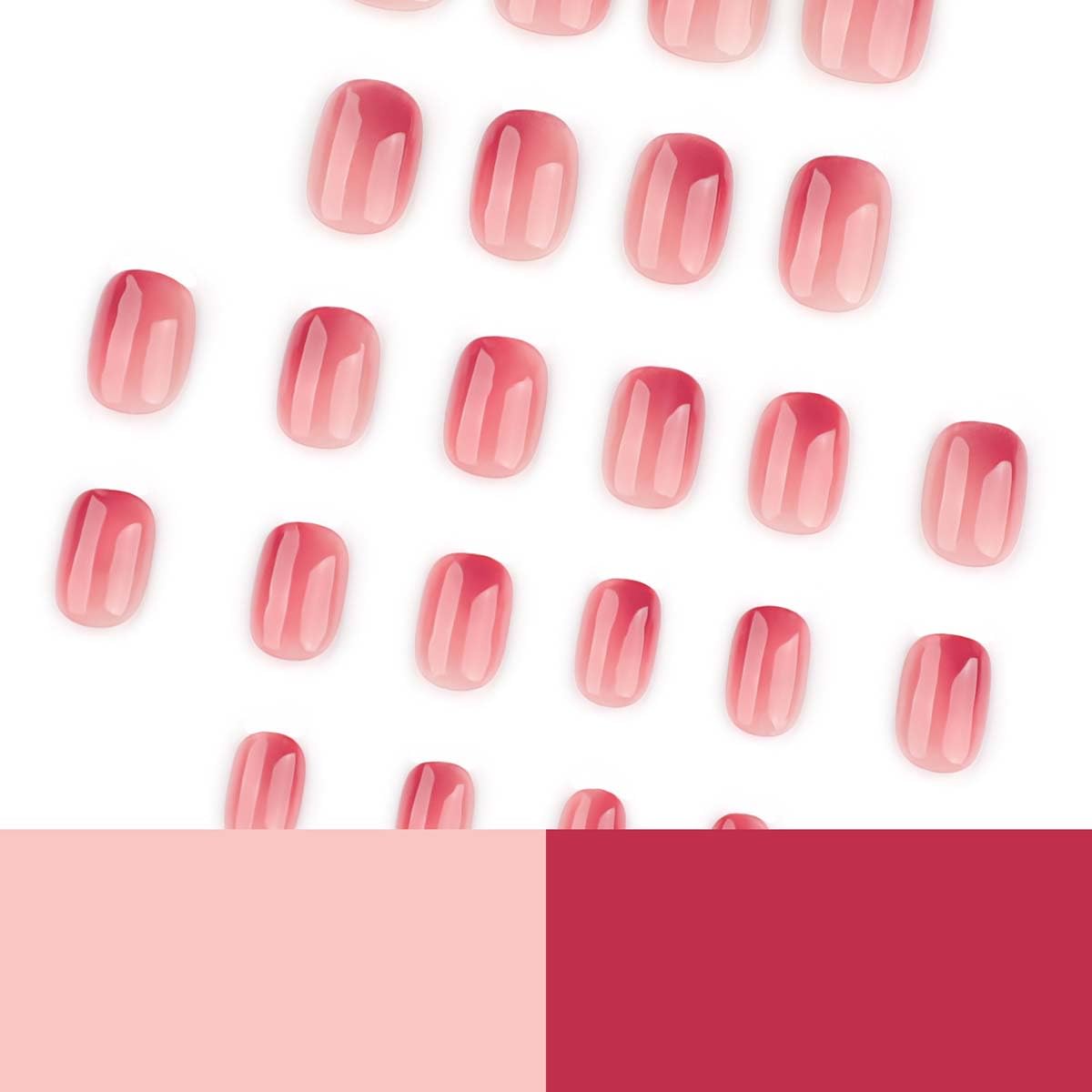 LINMEIZAI Press on Nails Extra Short Square, Jelly Pink Ombre Glue on Nails Fake Nails Press ons with Art Designs, Cute Glossy Acrylic Nail Kit for Women Girls, Reusable False Nails, 24 Pcs