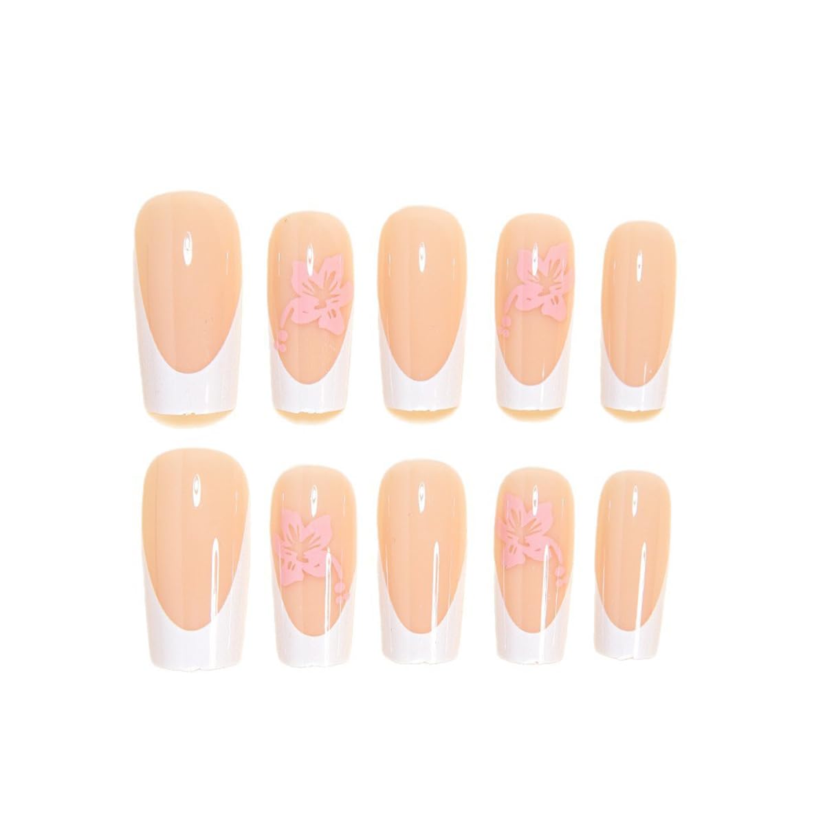 48Pcs White French Press on Nails Medium & Press on Toenails Set - WLGDLH Fake Nails Press ons Nail Art Tips Cute Glue on Nails Full Cover Short Fake Toe Nail Pink Flower Design Acrylic Nail Kit