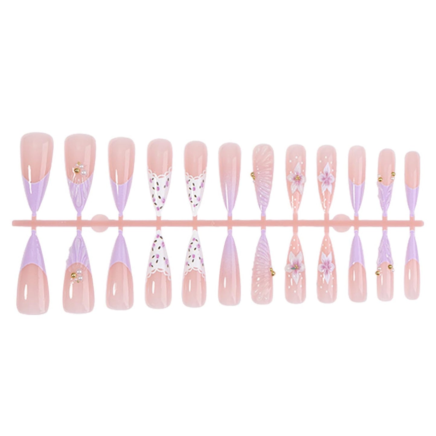 Long Stiletto Press On Nails French Tip Fake Nails Flower With 3d Wave Design Purple False Nails Full Cover Artificial Acrylic Nail Summer Stick On Nail For Women 24pcs