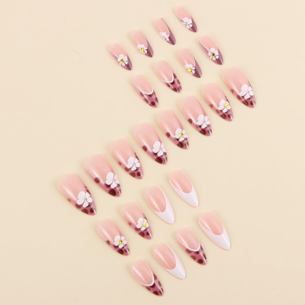 MINGCHUN Pink Press on Nails Medium Almond French Tip Fake Nails Press ons Acrylic Nail Art Kit Full Cover False Nails Glue on Nails with Leopard Flower Glossy Design for Women Nail Supplies 24Pcs