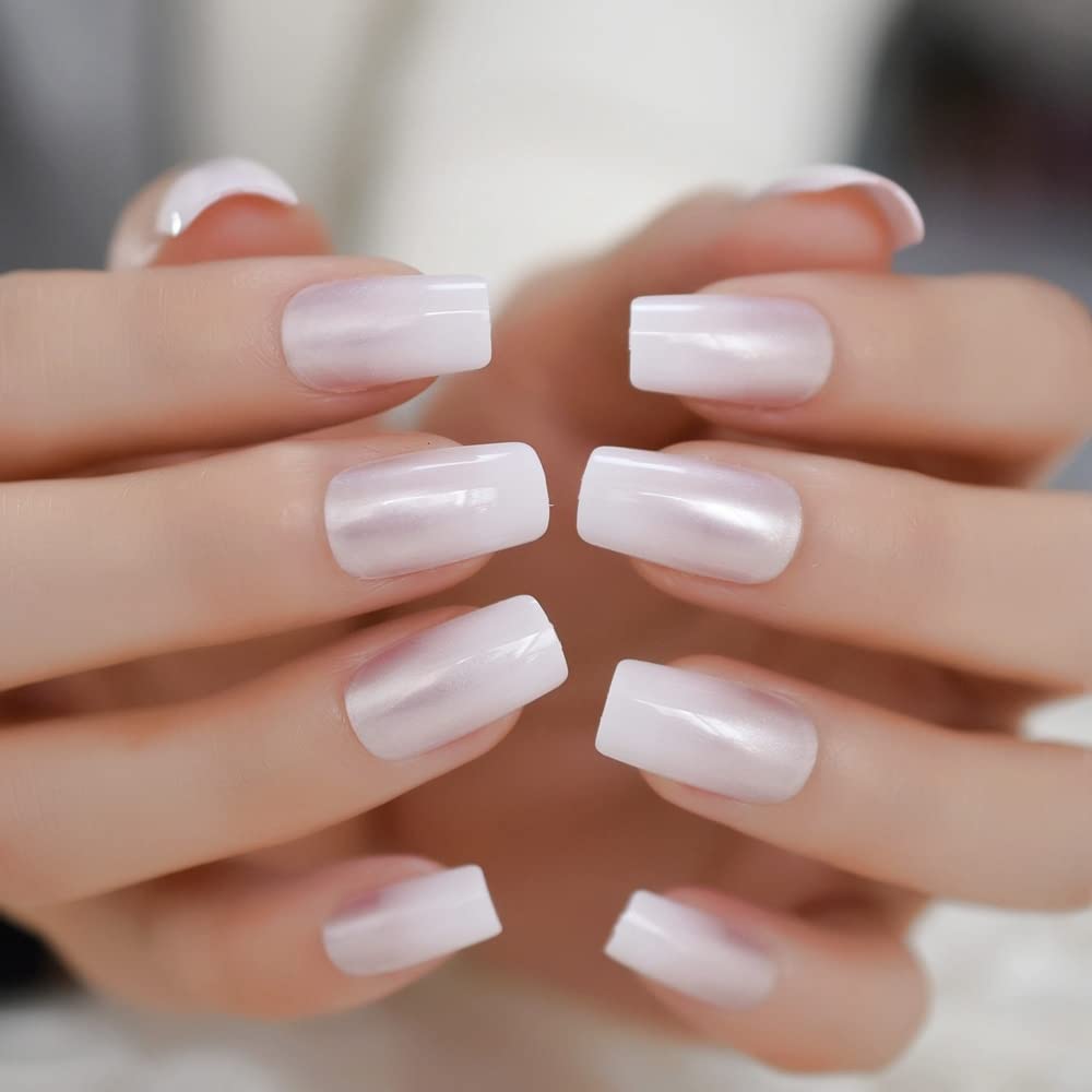 iBeautying Press on Nails - Pearl Pink French False Nails | UV Full Cover Finish Gradient Ombre Reusable Fake Nails in 10 Sizes - 24 Nail Kit with Jelly Glue Pad