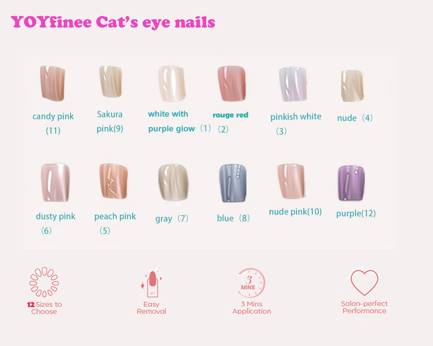 YOYfinee 24Pcs Press on Nails Medium—Short Square Fake Nails Magnetic Cat's Eye Nails. Nude pink (10)