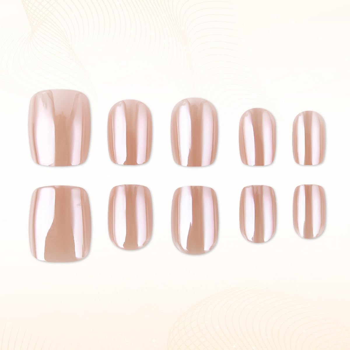 Short Press on Nails Square - Nude Chrome Fake Nails with Design, Reusable Artificial Glue on Nails for Women Manicure 24 Pcs