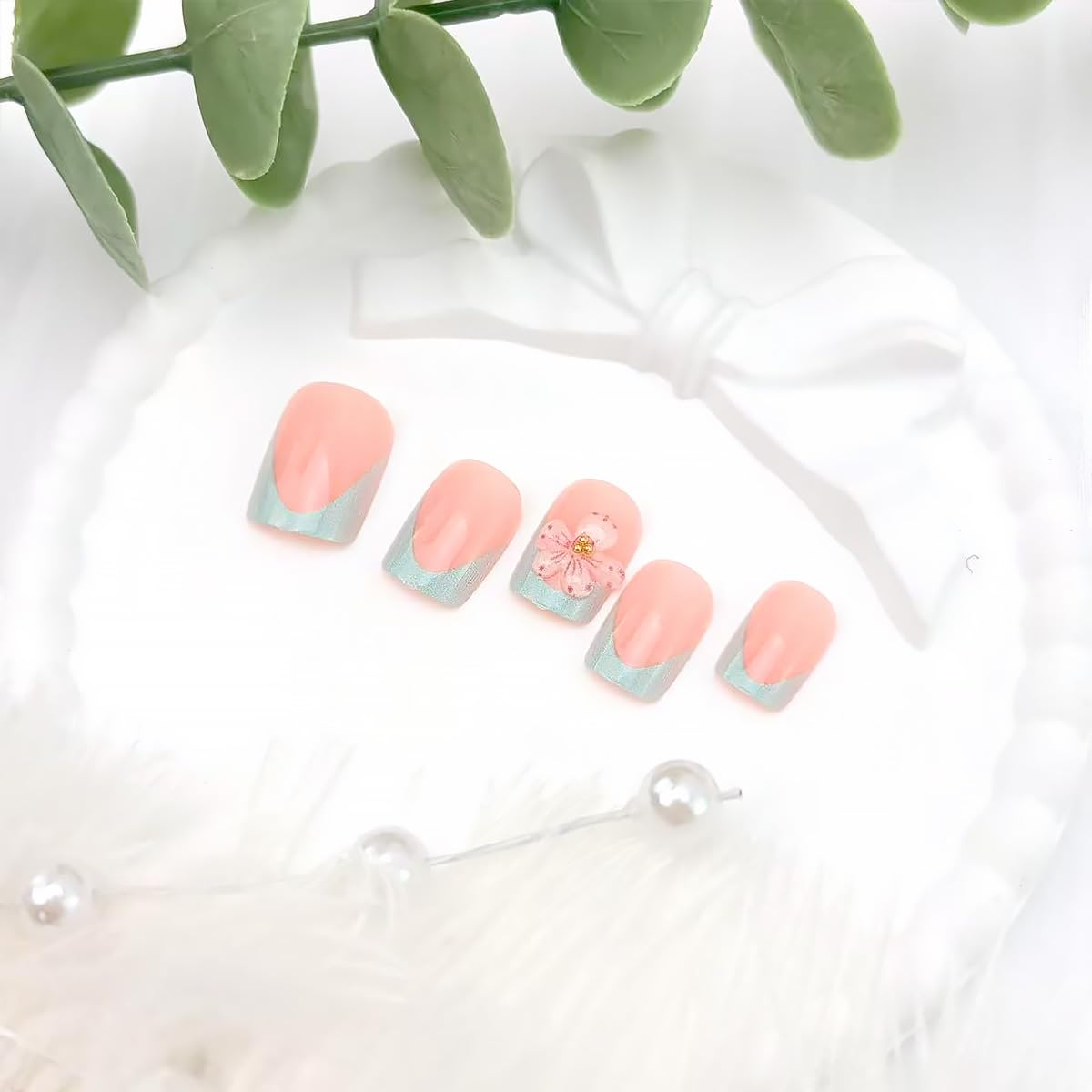24Pcs Blue French Tip Press on Nails Short Square Fake Nails Pink 3D Flower False Nails with Gold Rhinestones Design Spring Summer Glue on Nail Full Cover Artificial Stick on Nails for Women Manicure