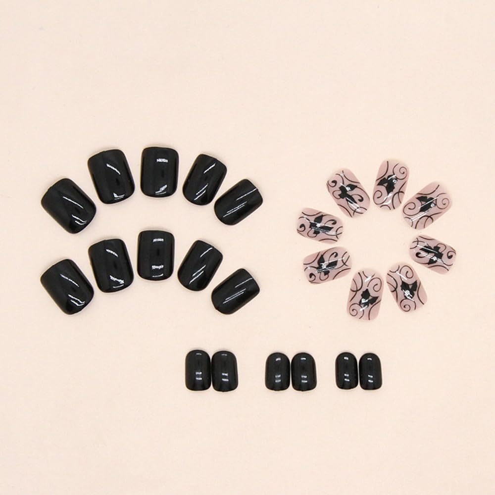 Black Press on Nails Short Square Fake Nails with Flower Vine Butterfly Design Full Cover Acrylic Nail Rhinestone Artificial Glue on Nails for Women Reusable Nails Decorations Kit 24Pcs