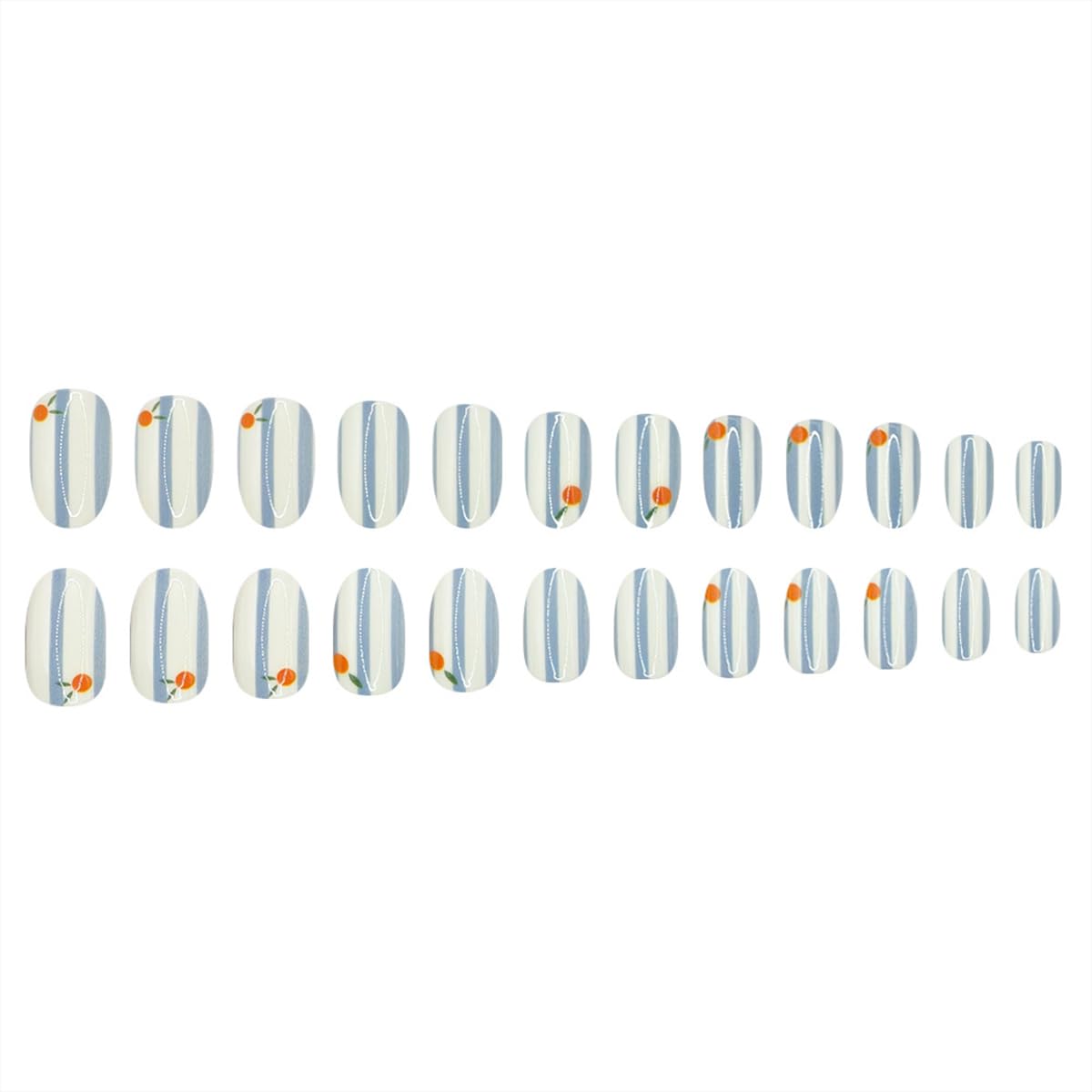 Summer Press on Nails Short Almond Fake Nails Press ons with Orange Design Blue Stripes False Nails CuteReusable Full Cover Stick on Nails for Women 12 Sizes-24 Pcs Nail Kit