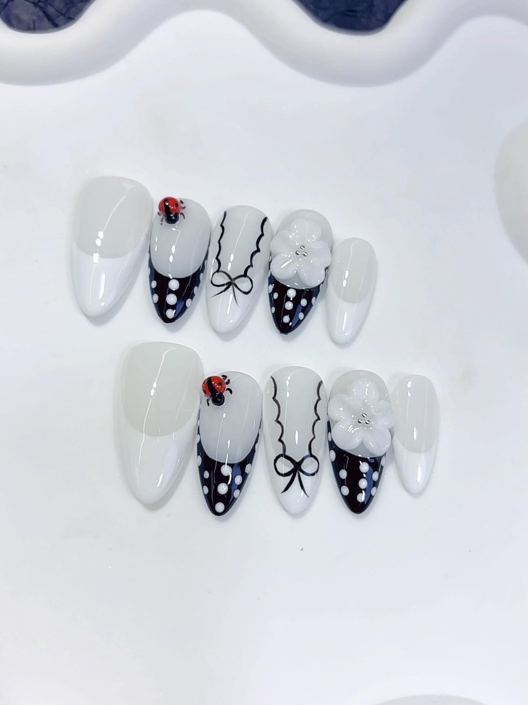 Haozerart Handmade Press on Nails, Medium Almond Shape Fake Nails, Black French Tip with White Polka Dot, Cute Reusable False Nails 10Pcs for Women & Girls (M Size)