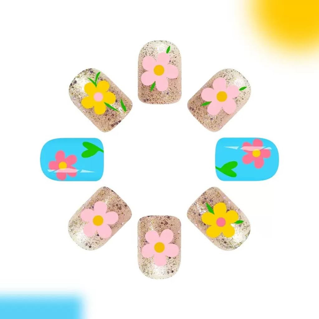 CTTHNBD Short Press on Nails - Square Fake Nails with Colorful Flower Design - Glossy Glitter Full Cover Stick on Nails for Women - 24 Pcs